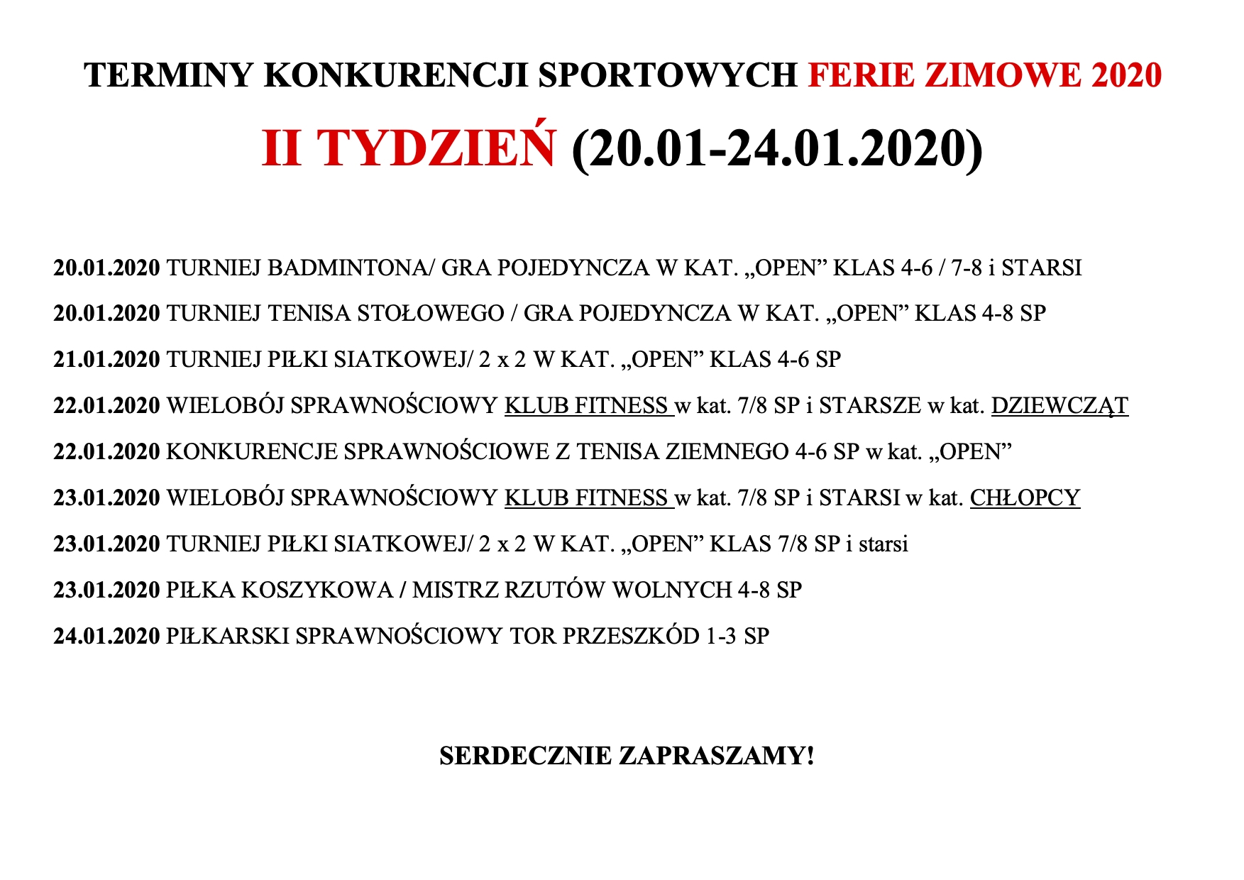 19.01.2020 Konkurencje sportowe II TYDZIEŃ