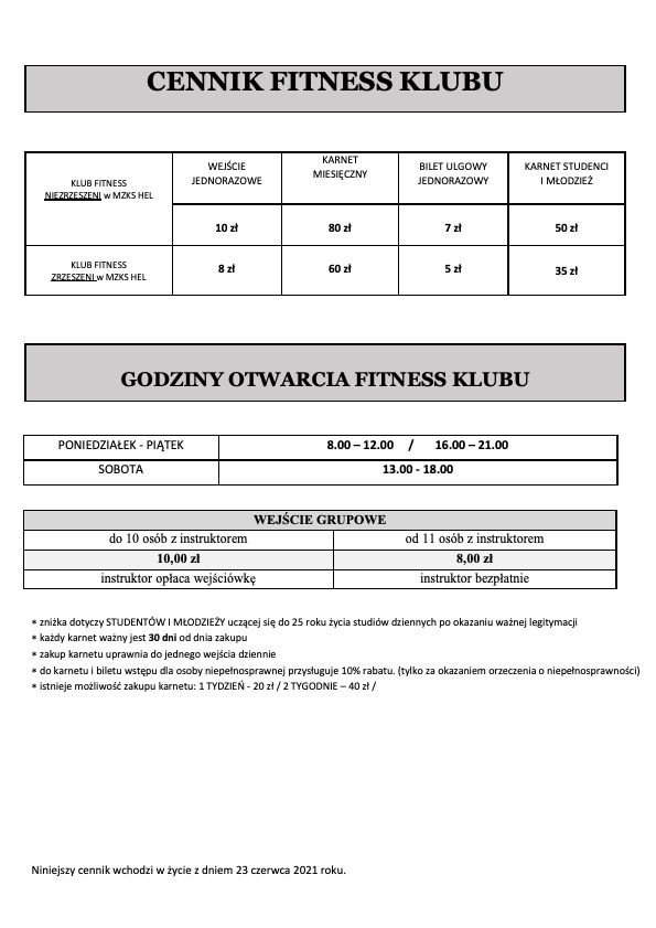 29.06.2021 CENNIK FITNESS KLUBU